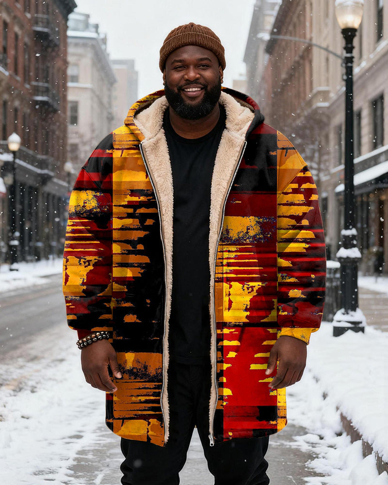 Big & Tall Men's Red And Yellow Contrast Abstract Graffiti Printed Velvet Thickened Long Hooded Coat