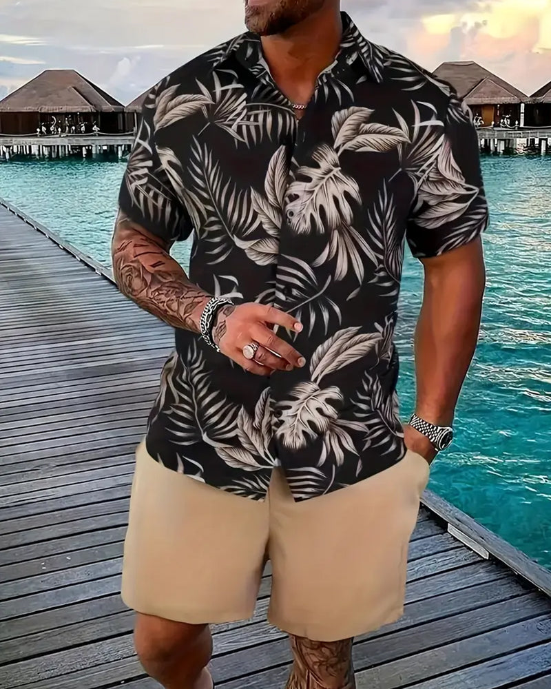 Black Bottom Tropical Palm Leaf Print Short Sleeve Shirt Shorts Holiday Beach Set