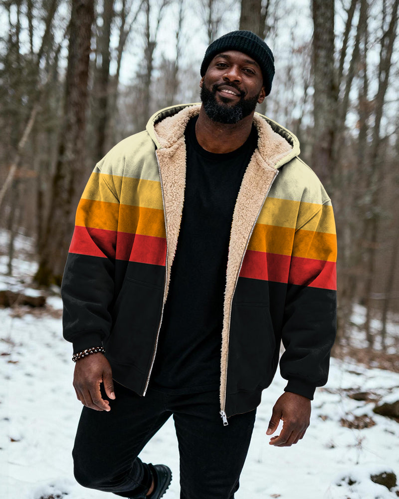Big & Tall Men's Yellow Orange Red Black Contrast Striped Printed Velvet Thickened Zipper Hoodie