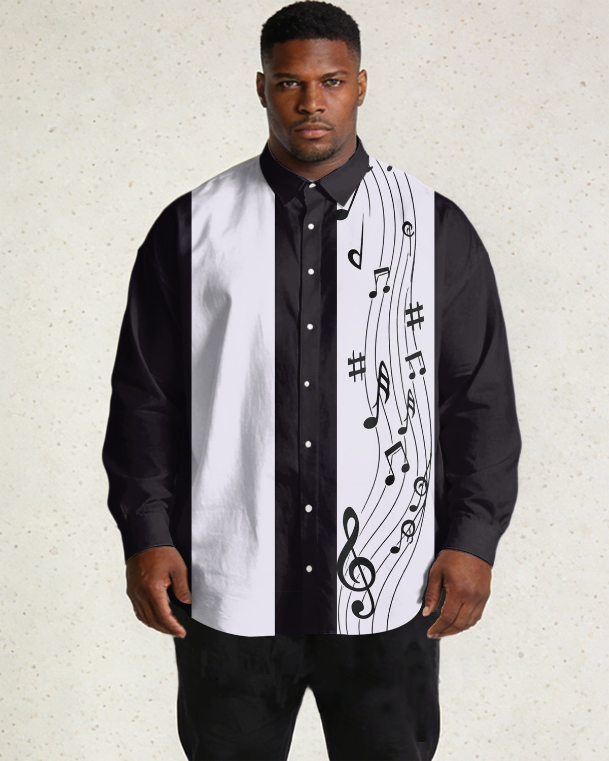 Men's Large Size Black, White Mosaic Music Pattern Print Long Sleeve Lapel Shirt