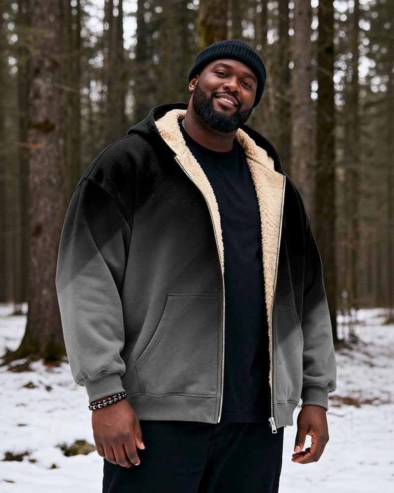 Big & Tall Men's Black And Red Gradient Print Velvet Thickened Zip Cardigan Hoodie