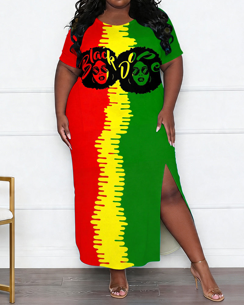 Women's Plus Size Black Diva Red Yellow Green Colorblock Printed Side Slit Short Sleeve Long Dress