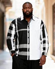 Big & Tall Men's Black And White Stitching Check Print Long Sleeve Shirt