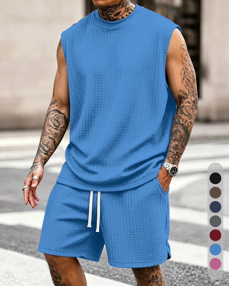 S-8XL Men's Solid-Color Ribbed Sleeveless Vest and Shorts Two-Piece Set