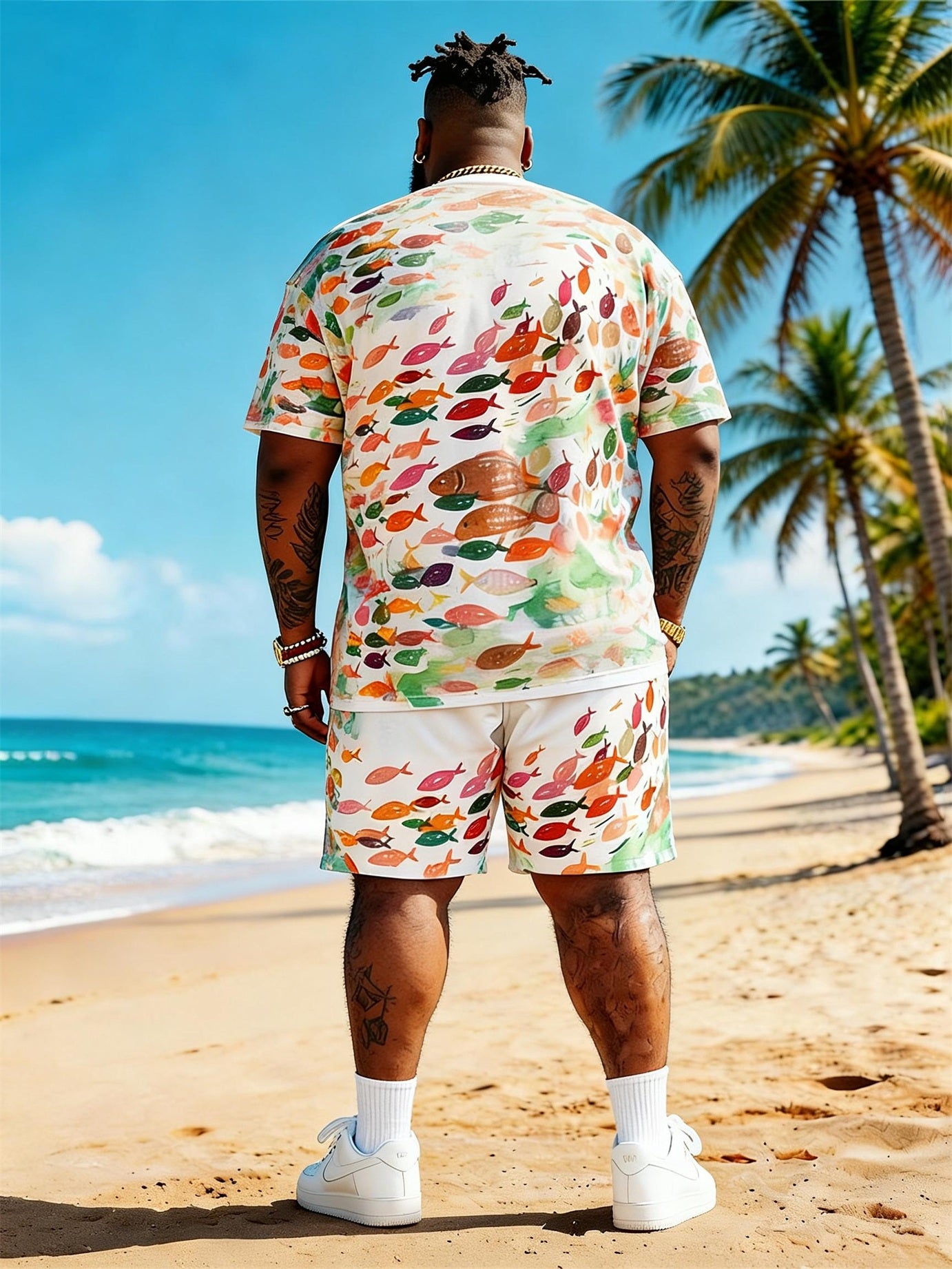 Big & Tall Men's Watercolor Small Fish Print Round Neck Short Sleeve T-Shirt Shorts Set