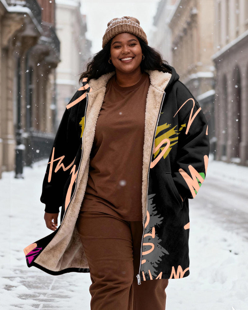 Women's Black Graffiti Letter Printed Velvet Thickened Long Hooded Coat