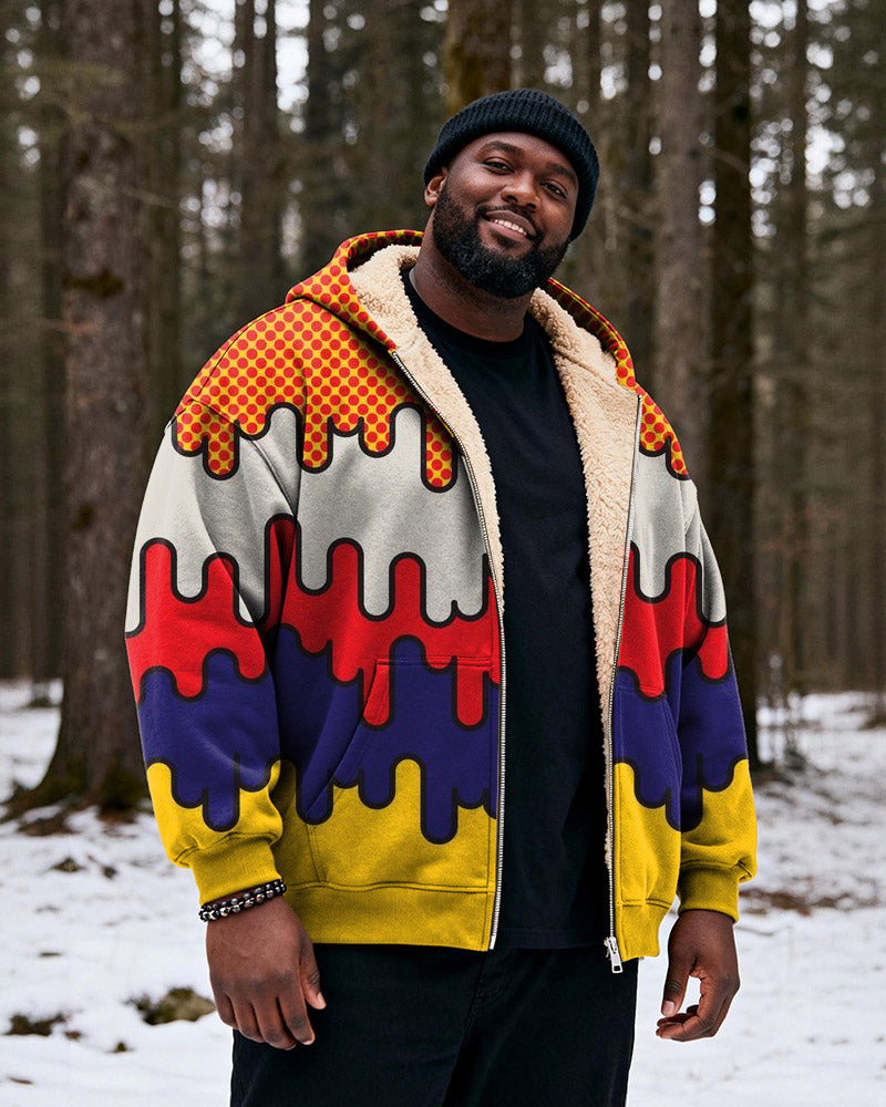 Big & Tall Men's Red, Yellow And Purple Pop Wind Drop Printed Velvet Thickened Zipper Hoodie
