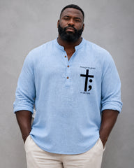 Big & Tall Men's Cross Semicolon Motivational Slogan Printed Stand Collar Long Sleeve Shirt