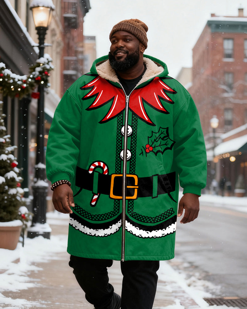 Big & Tall Men's Green Christmas Elves With Candy Cane Printed Velvet Thickened Long Hooded Coat