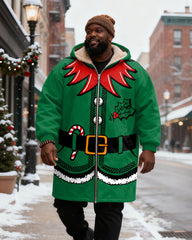 Big & Tall Men's Green Christmas Elves With Candy Cane Printed Velvet Thickened Long Hooded Coat