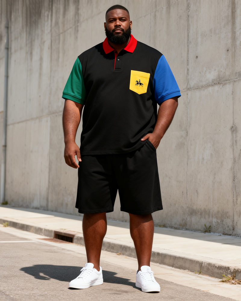 Big & Tall Men’s Black-Base Color-Block Printed Pocket Polo Short-Sleeve Shorts Set