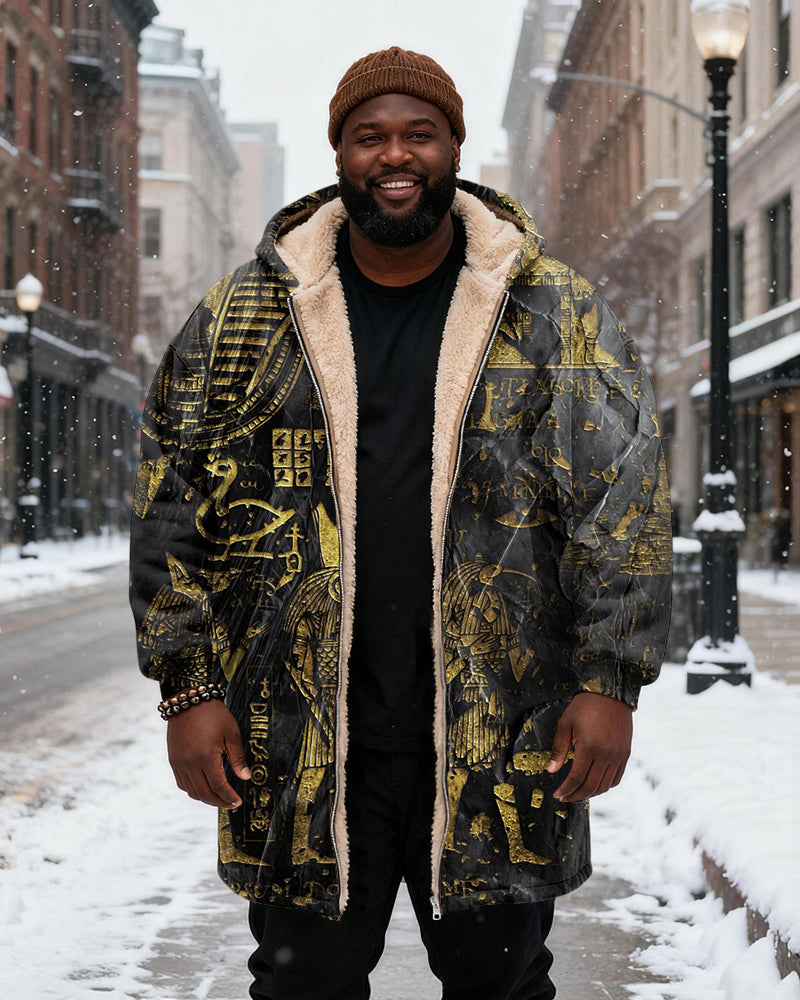 Big & Tall Men's Black Gold Egyptian Totem Printed Velvet Thickened Long Hooded Coat
