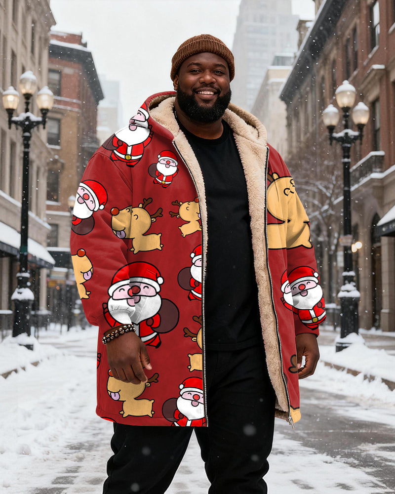 Big & Tall Men's Red Cartoon Santa Claus Elk Print Velvet Thickened Long Hooded Coat