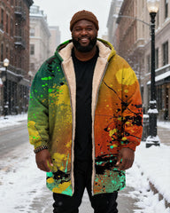 Big & Tall Men's Green Splash Ink Graffiti Print Velvet Thickened Long Hooded Coat