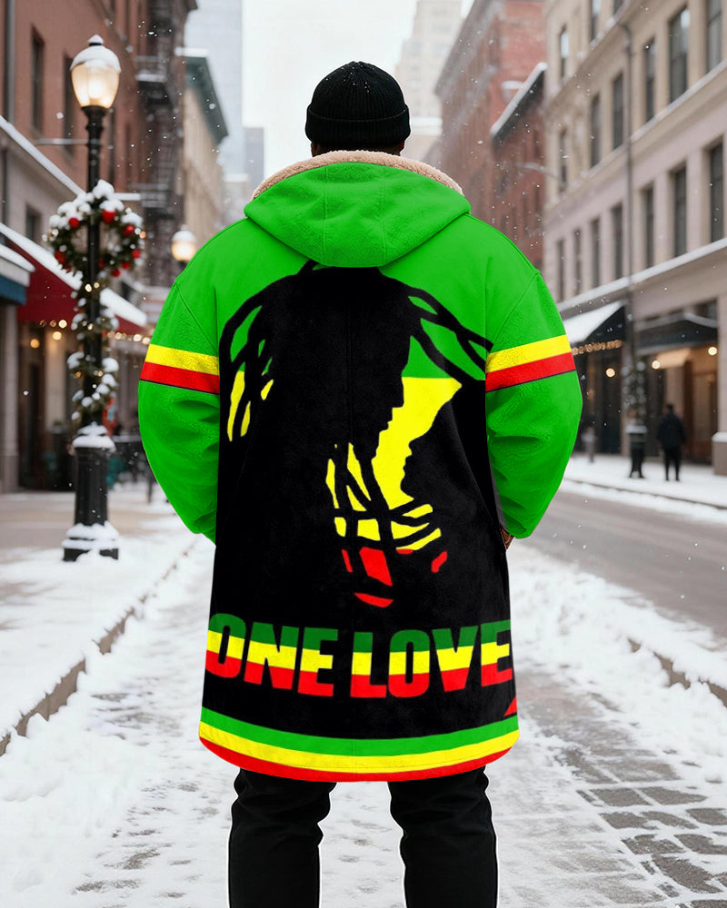 Big & Tall Men's Green, Yellow And Red Figure Contrast Striped Printed Velvet Thickened Long Hooded Coat