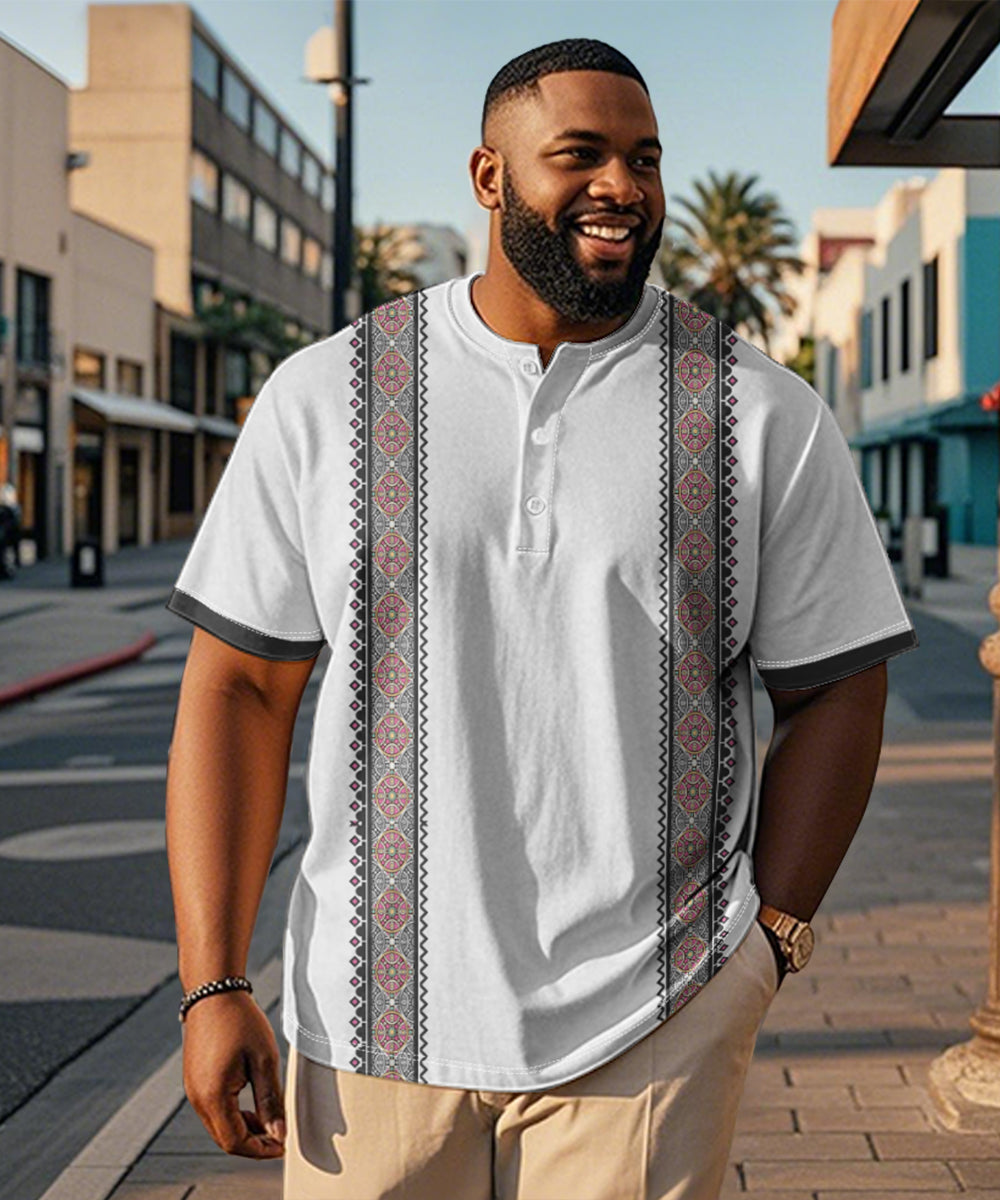 Men's Plus Size Daily Casual Gray Pattern Printed Henry Collar Button Short Sleeve T-Shirt
