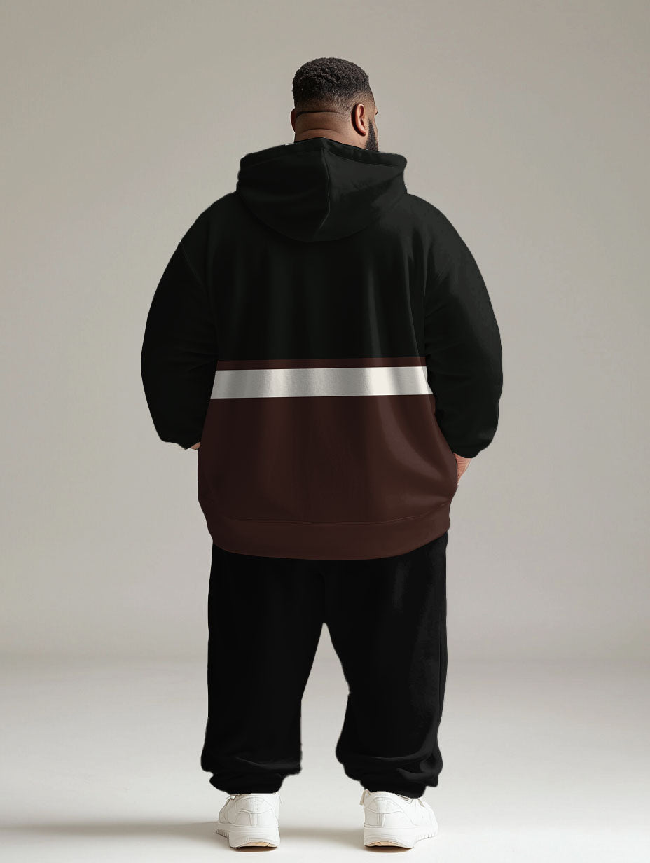 Men's Daily Casual All-Match Black Coffee Color Matching Letter Printing Big & Tall Hoodie Set