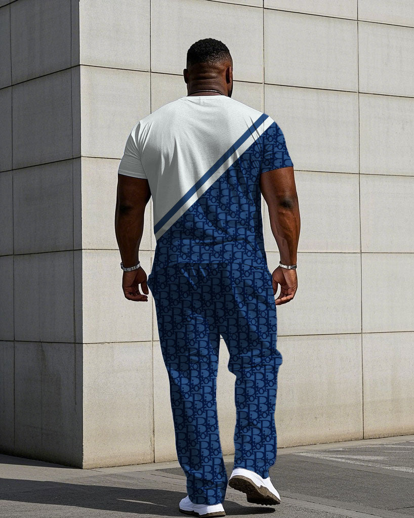 Men's Plus Size Big Brand Blue & White Logo Design Pattern Jacquard Short Sleeve T-Shirt Pants Suit