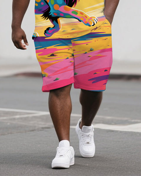 Big Men's Casual Outdoor Oil Painted Lion Cartoon Printed Short-Sleeve Polo Shirt & Shorts Set