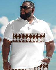 Men's Big & Tall Simple Patchwork Diamond Print Polo Shorts Set