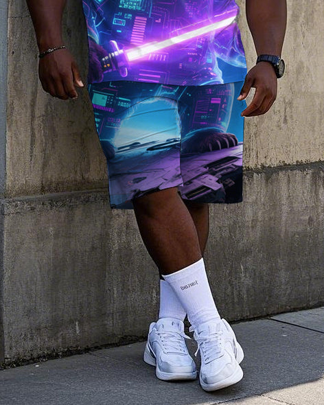 Big Guy's Abstract Bear with Lightsaber Technology Theme Short Sleeve T-Shirt Shorts Set