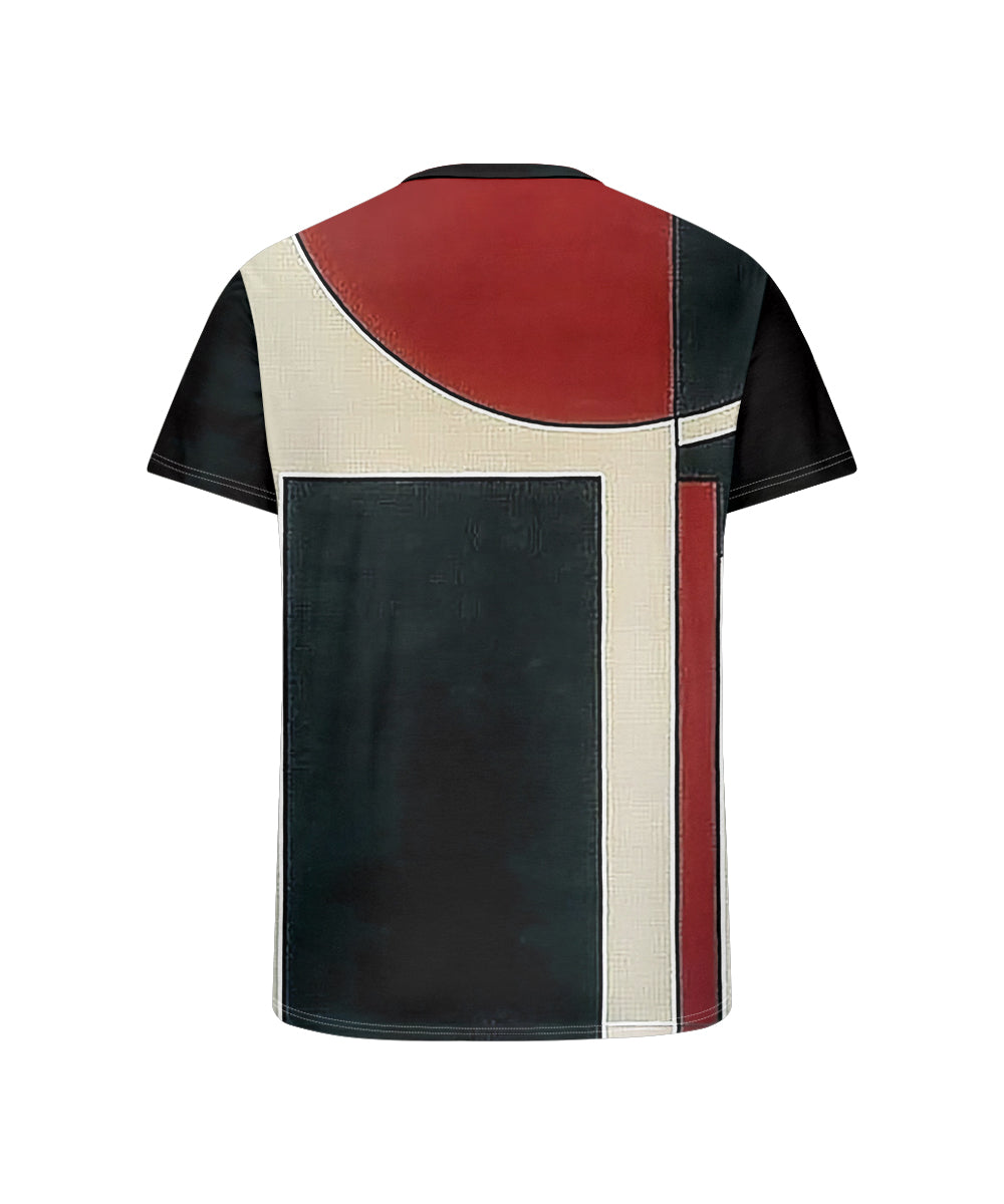 Men's Plus Size Black And Red Geometric Print Henry Collar Button Short Sleeve T-shirt