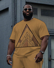 Big Men's Simple Retro Triangle Pattern Printed Short Sleeve T-shirt Pants 2-Piece Set
