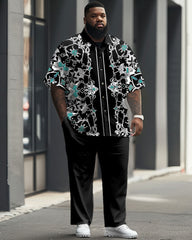 Men's Plus Size Business Simple Geometric Advanced Blue Short Sleeve Shirt Trousers Suit