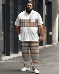 Men's Plus Size Simple Plaid Patchwork Printed Short-sleeved Shirt Suit