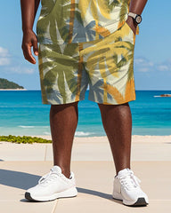 Big & Tall Men's Hawaiian Yellow Coconut Graffiti Print Round Neck Short Sleeve T-Shirt Shorts Suit