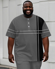 Men's Plus Size Black Grey Colorblock Stripe Geometric Print Henry Collar T-Shirt Pants Suit