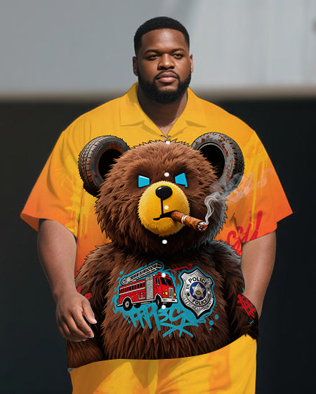 Men's Smoking Bear Gradient Fashion Casual Big Size 2-Piece Short Sleeve Shirt Pants Set
