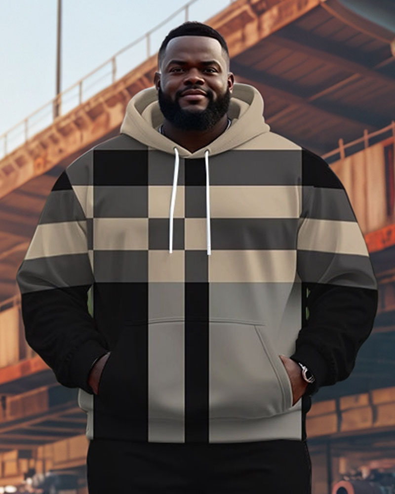 Men's Casual Khaki Plaid Striped Print Plus Size Hoodie Suit