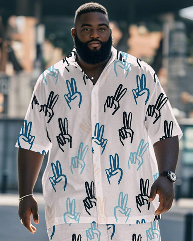 Men's Plus Size Street Fashion White Graffiti Gesture Print Shirt Shorts Suit