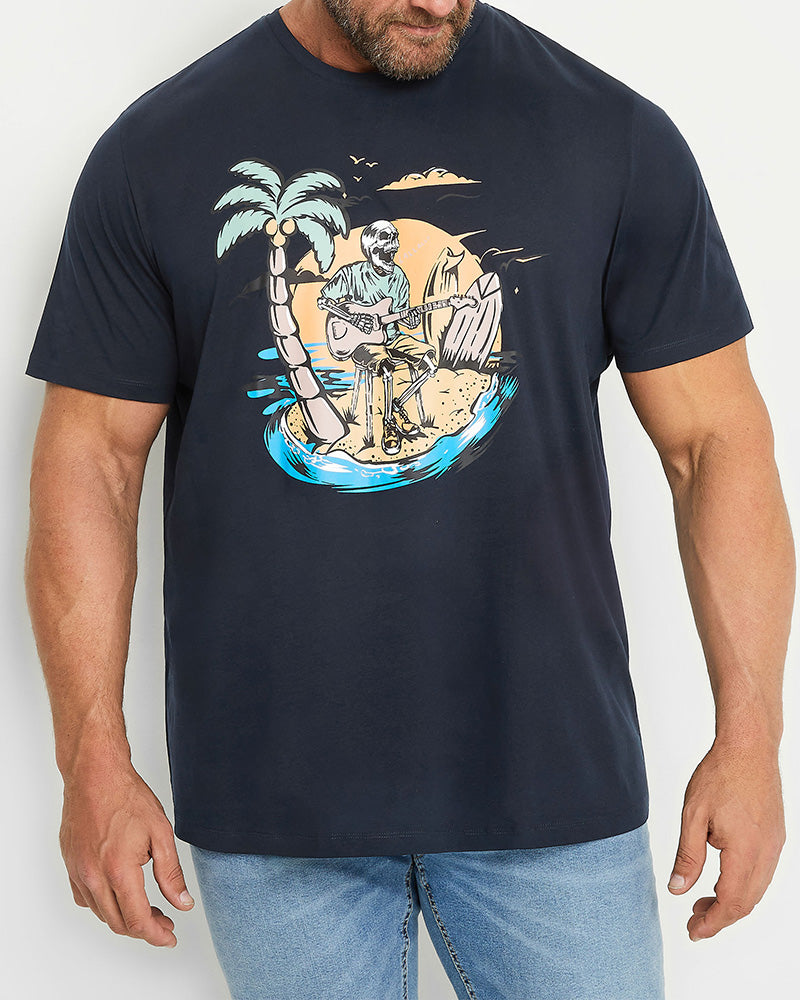 100% Cotton-Blue Black Hawaiian Corsage Men's Plus Size Short Sleeve T-Shirt