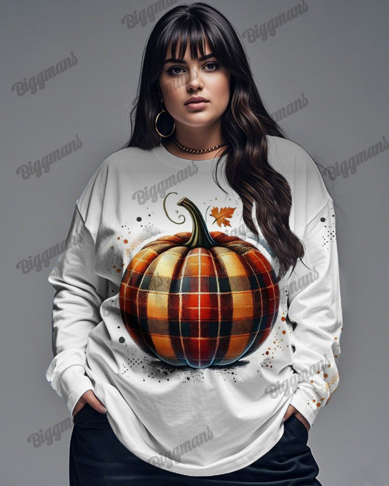 Halloween Pumpkin Plaid Print Plus-size Long-sleeved Top