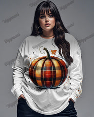 Halloween Pumpkin Plaid Print Plus-size Long-sleeved Top