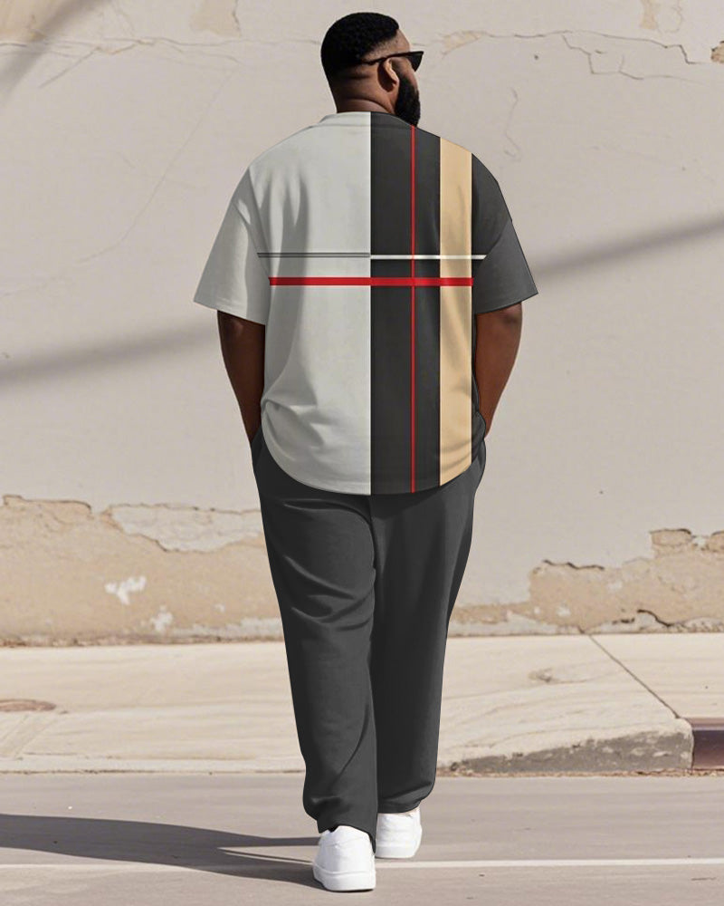 Men's Plus Size Light Gray Black Colorblock Stripe Print Henry Collar T-Shirt Trousers Suit