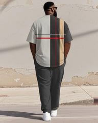 Men's Plus Size Light Gray Black Colorblock Stripe Print Henry Collar T-Shirt Trousers Suit