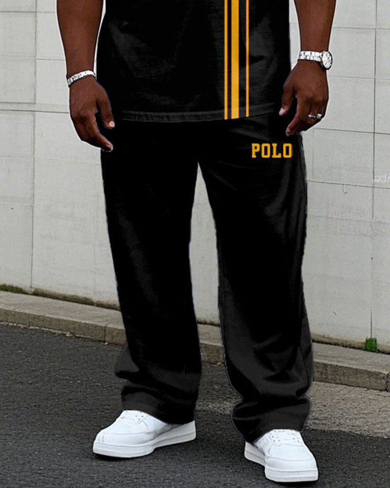 Men's Plus Size Black Slim-fit Chest Small Label Printed Short-sleeved T-shirt Trousers Suit