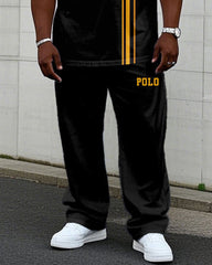Men's Plus Size Black Slim-fit Chest Small Label Printed Short-sleeved T-shirt Trousers Suit