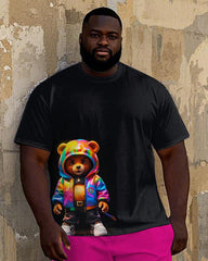 Big Men's Street Fashion Hip Hop Colorful Hoodie Bear Printed Short Sleeve T-shirt Shorts Set