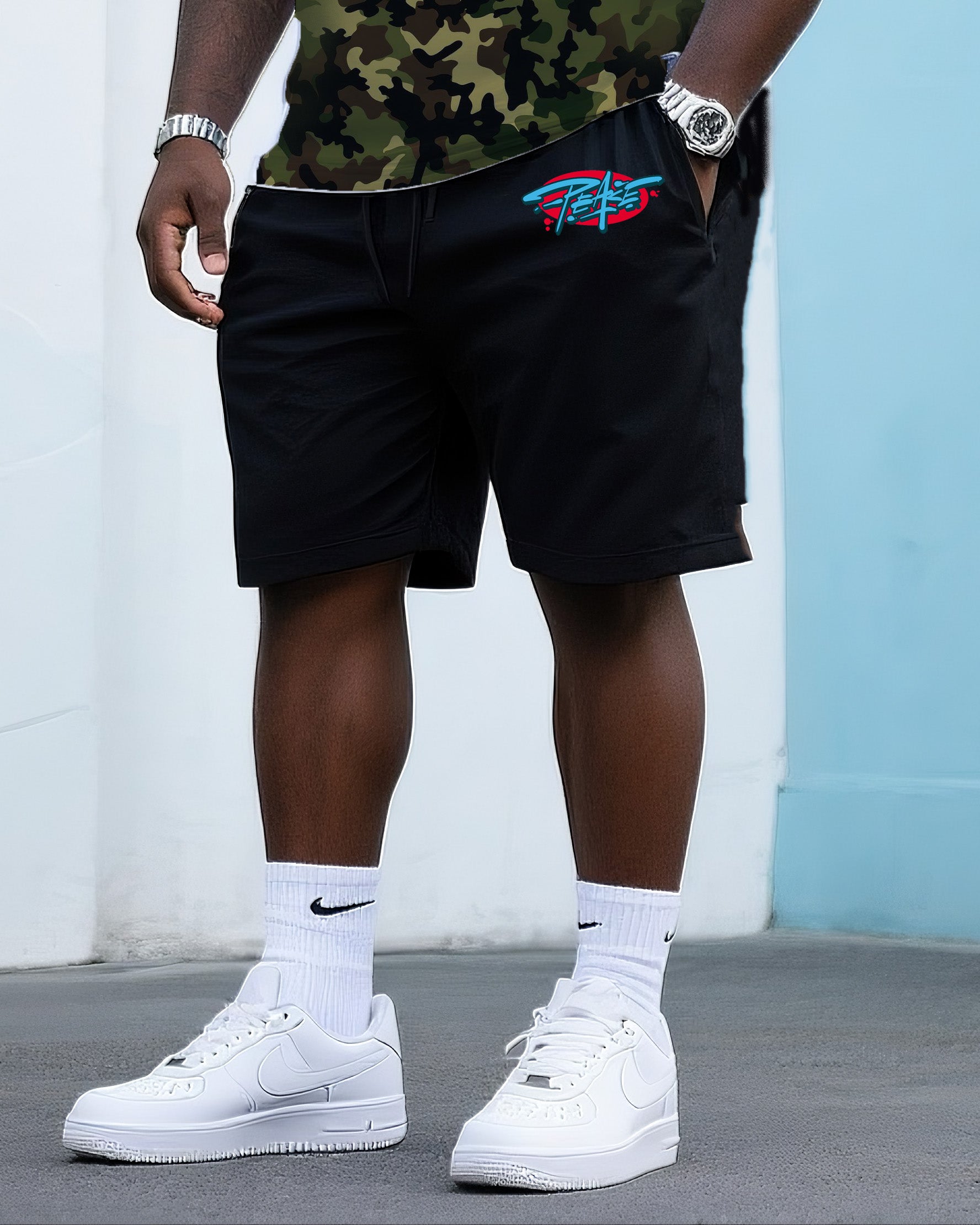 Big & Tall Men's Street Fashion Creative Three Color Camouflage Stitching Printing Peace Creative Design Crewneck T-shirt Shorts Suit