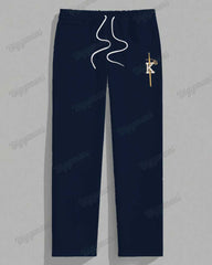 Men's Plus Size Blue And Red Color Block Striped K Letter Printed Long Sleeve T-shirt Trousers Suit