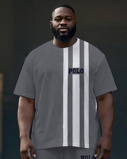 Men's Big Size Simple Fashion Stripe POLO Letter Printed Casual Short Sleeve T-shirt Pants Set