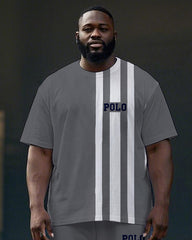 Men's Big Size Simple Fashion Stripe POLO Letter Printed Casual Short Sleeve T-shirt Pants Set