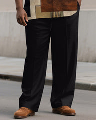 Men's Plus Size Simple Brown Color Block Print Short Sleeve Shirt Trousers Suit