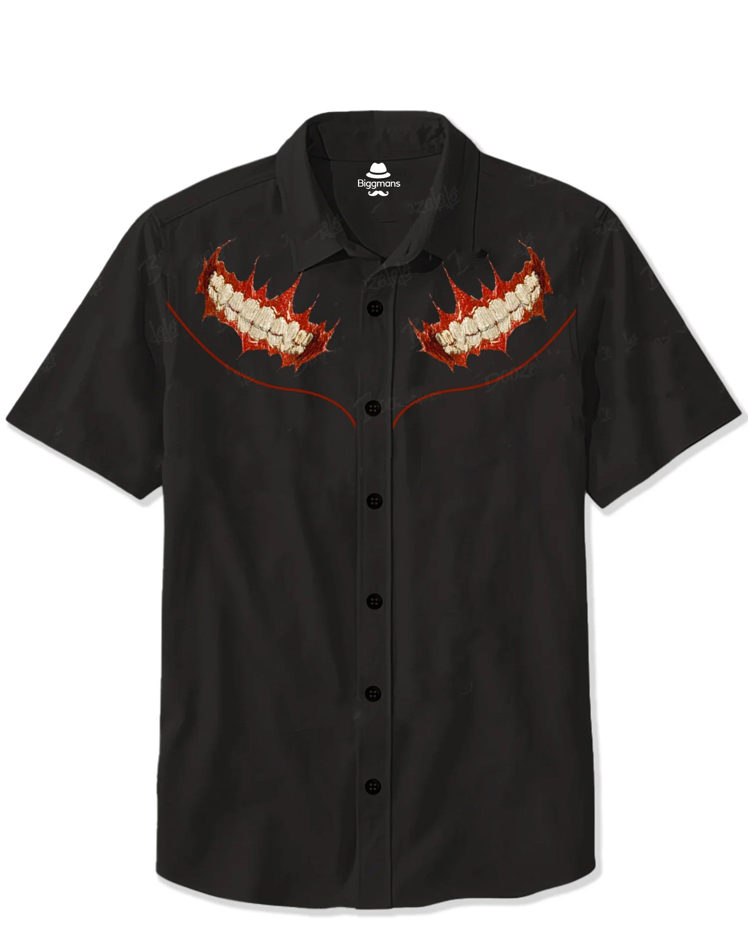 Big & Tall Men's Western Style Casual Teeth Mouth Print-Black Short Sleeve Shirt Pants Suit