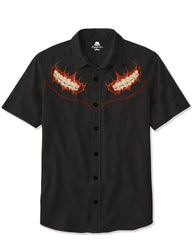 Big & Tall Men's Western Style Casual Teeth Mouth Print-Black Short Sleeve Shirt Pants Suit