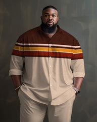 Men's Big & Tall Simple Stripes with Contrasting Colors Long Sleeve Lapel Shirt Set